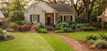 Goose Creek front yard with lush green grass, in-ground irrigation sprinkler, azaleas, hydrangeas, brick walkway, and mature oak trees