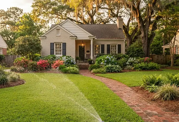 Goose Creek front yard with lush green grass, in-ground irrigation sprinkler, azaleas, hydrangeas, brick walkway, and mature oak trees