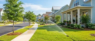 Healthy new lawn being watered by irrigation sprinklers in a residential backyard in the Summers Corner community in South Carolina