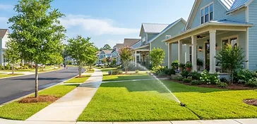 Healthy new lawn being watered by irrigation sprinklers in a residential backyard in the Summers Corner community in South Carolina