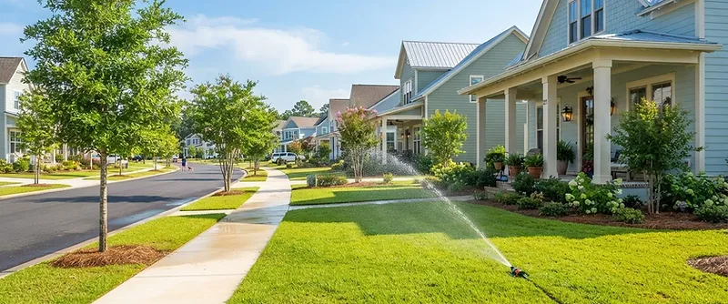 Healthy new lawn being watered by irrigation sprinklers in a residential backyard in the Summers Corner community in South Carolina