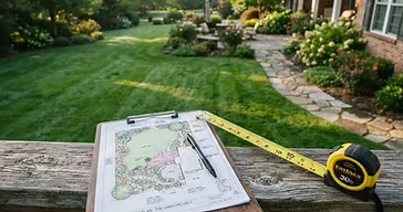 Clipboard with landscape site plan on a porch railing overlooking a green residential lawn