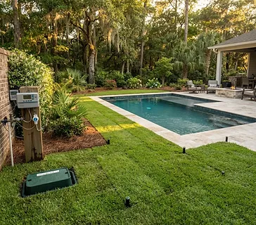 Completed residential swimming pool with a professionally installed irrigation system in a South Carolina Lowcountry backyard, pop-up sprinkler heads visible in the lawn but not spraying