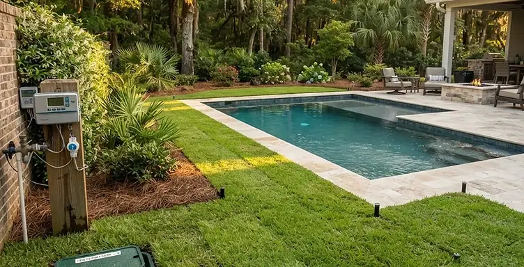 Pop-up irrigation sprinkler heads watering the lawn around a completed Lowcountry swimming pool without spraying into the water