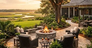 Beautiful southern backyard paver patio outdoor living space with fire pit and seating in the Lowcountry