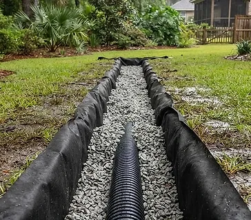 Newly installed French drain trench with gravel and perforated pipe in a residential backyard in the South Carolina Lowcountry