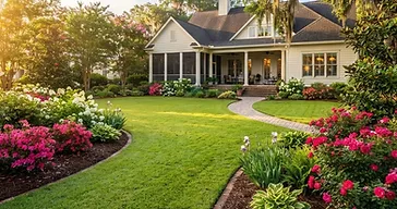 Beautiful southern Lowcountry backyard with lush green lawn and colorful flower beds of azaleas, hydrangeas, and knock-out roses
