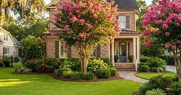 Beautiful southern Lowcountry front yard with blooming pink crepe myrtle trees, lush lawn, and manicured landscape beds