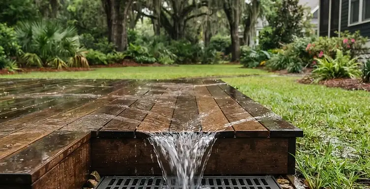 Full stone paver patio with rainwater flowing across the surface into a natural rock-filled catch basin at the patio edge in a South Carolina Lowcountry backyard