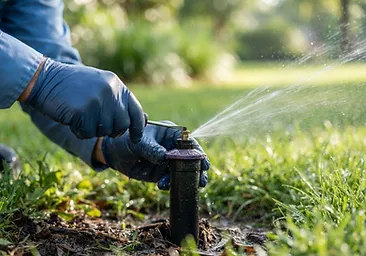 Close-up of a technician adjusting a residential sprinkler head to correct the spray pattern