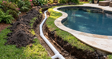 Newly installed white PVC irrigation pipes in a gravel-filled trench following the curved stone edge of a backyard swimming pool in the South Carolina Lowcountry