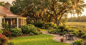 Finished southern Lowcountry backyard with a lush green lawn and Spanish moss-draped live oak trees in the background