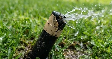 Close-up of a broken residential pop-up irrigation sprinkler head cracked and leaning sideways in a green Lowcountry lawn with uneven water spray