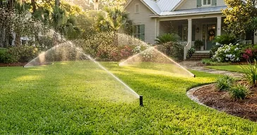 Pop-up irrigation sprinkler heads spraying arcs of water across a lush green Lowcountry lawn at golden hour with a residential home in the background