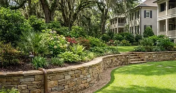 Southern Lowcountry yard with a finished stone retaining wall, landscape beds, and Spanish moss-draped live oak trees in the background