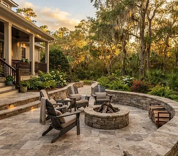 Professional hardscape installation with paver patio, fire pit, and retaining wall in a South Carolina Lowcountry backyard