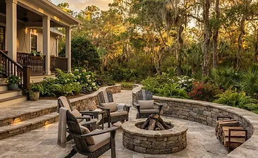 Custom hardscape installation with paver patio and fire pit at a residential property in Nexton, South Carolina