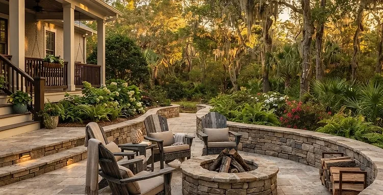 Custom hardscape installation with paver patio and fire pit at a residential property in Nexton, South Carolina