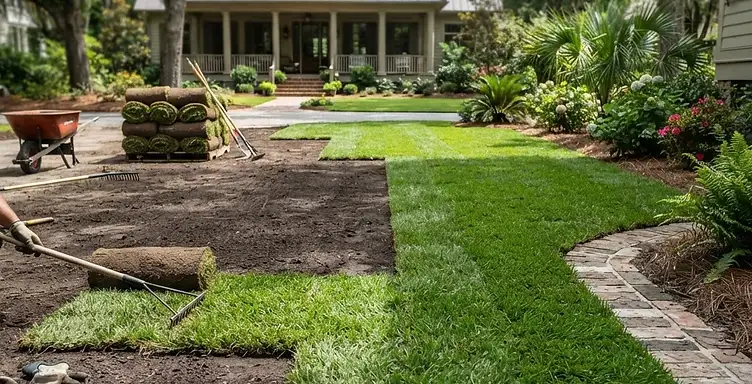 Fresh sod being unrolled and installed on a prepared residential lawn in a South Carolina Lowcountry neighborhood
