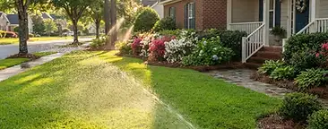 Hanahan front yard with lush green lawn, in-ground pop-up irrigation sprinkler spraying water, azaleas and evergreen shrubs along a brick foundation