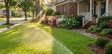 Hanahan front yard with lush green lawn, in-ground pop-up irrigation sprinkler spraying water, azaleas and evergreen shrubs along a brick foundation