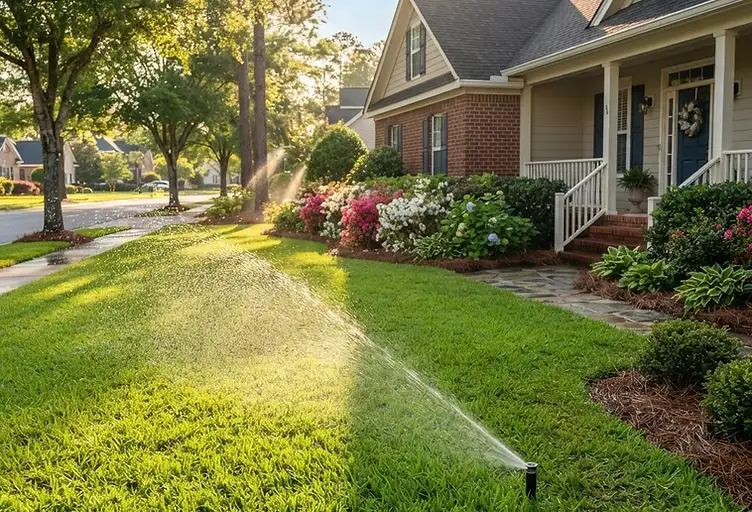 Hanahan front yard with lush green lawn, in-ground pop-up irrigation sprinkler spraying water, azaleas and evergreen shrubs along a brick foundation