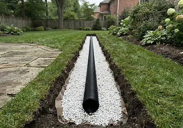 French drain trench with gravel and perforated pipe installed to resolve standing water