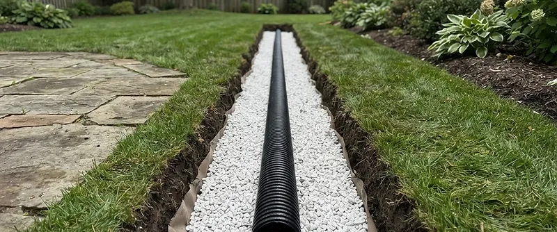 French drain trench with gravel and perforated pipe being installed to resolve standing water in a Nexton yard in South Carolina