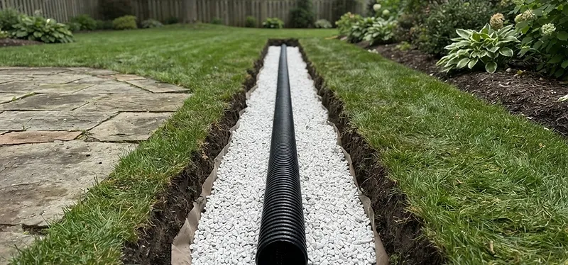 French drain with perforated pipe and gravel being installed in a trench to resolve standing water in a Summers Corner yard