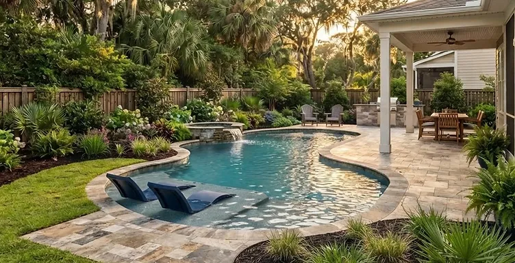 Freshly installed landscape beds with mulch and Lowcountry shrubs surrounding a completed backyard swimming pool patio