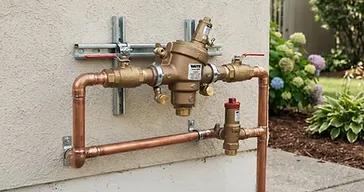 Newly installed residential irrigation backflow preventer with quality brass and copper plumbing components properly mounted on an exterior wall