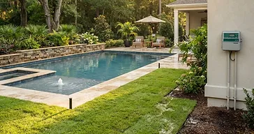 Newly designed and installed irrigation system around a completed residential swimming pool in a South Carolina Lowcountry backyard with pop-up sprinkler heads visible in the lawn but not spraying, smart controller and valve box visible