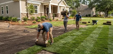 Fresh sod being rolled out and installed on a prepared lawn in the Cane Bay community in the South Carolina Lowcountry