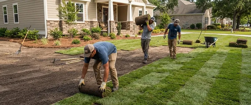 Fresh sod being rolled out and installed on a prepared lawn in the Cane Bay community in the South Carolina Lowcountry