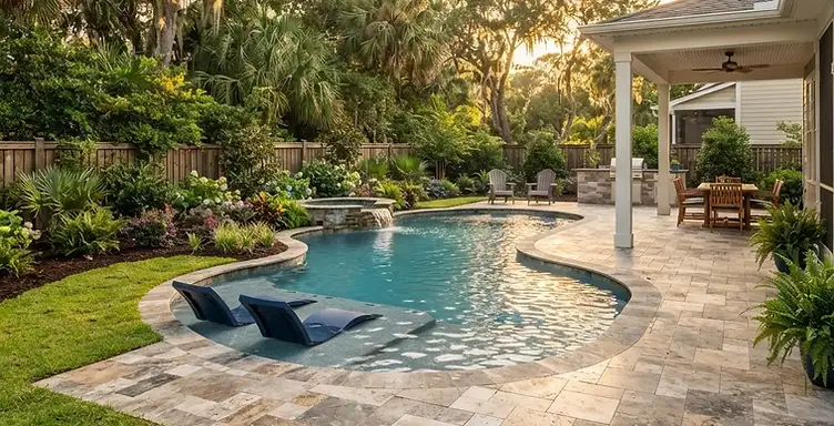 Fresh sod and planting beds installed around a completed backyard swimming pool in the South Carolina Lowcountry by Back Tees