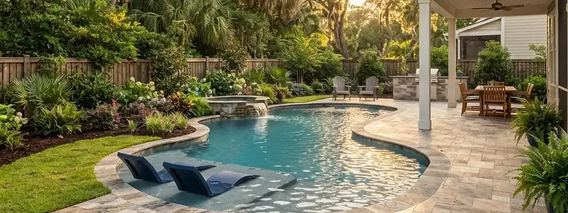 Finished residential backyard pool surrounded by fresh sod and landscaping in the South Carolina Lowcountry