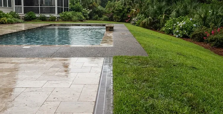 Backyard pool area with graded lawn and drainage directing water away from the pool patio