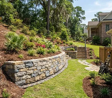 Newly installed stone retaining wall terracing a sloped residential yard in the South Carolina Lowcountry