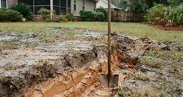 Exposed dense clay hardpan soil in a Lowcountry residential yard, showing the heavy clay layer beneath sandy topsoil that causes drainage problems