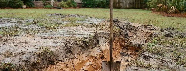 Exposed dense clay hardpan soil beneath sandy topsoil in a Lowcountry residential yard