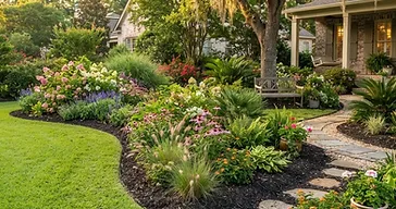 Beautiful assorted backyard plants in a southern Lowcountry yard with mixed shrubs, ornamental grasses, and perennials in mulched beds