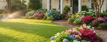 Beautiful North Charleston front yard with healthy green grass, hydrangeas, azaleas, and irrigation in South Carolina