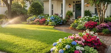 Beautiful North Charleston front yard with healthy green grass, hydrangeas, azaleas, and irrigation in South Carolina