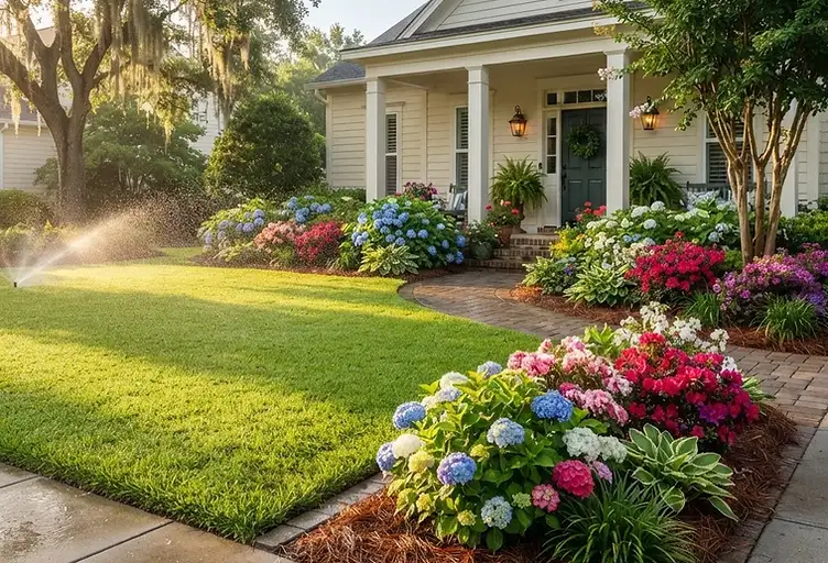 Beautiful North Charleston front yard with healthy green grass, hydrangeas, azaleas, and irrigation in South Carolina