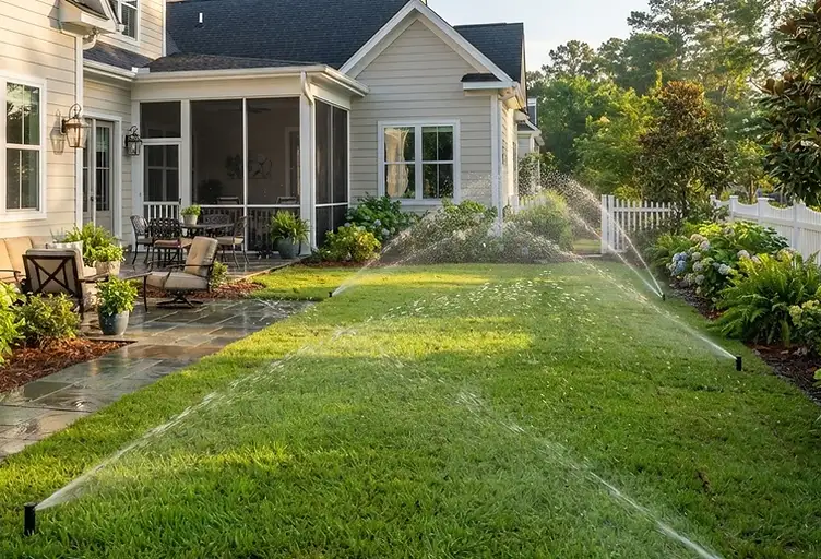 Summers Corner backyard with a newly installed underground irrigation sprinkler system watering a fresh green lawn in South Carolina