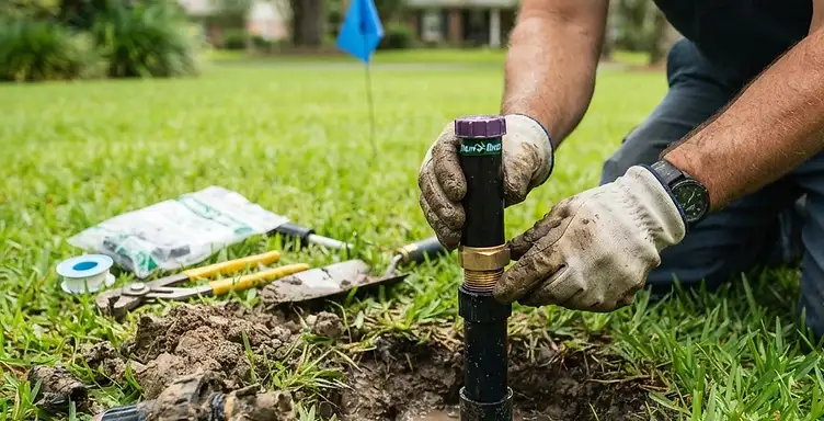 Residential sprinkler valve box and controller components ready for adjustment and repair in a Lowcountry lawn