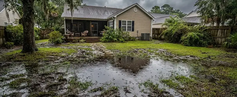 Lowcountry backyard with standing water after heavy rain, illustrating a drainage problem