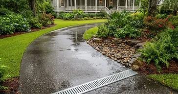 Properly draining residential driveway in the South Carolina Lowcountry with a channel drain grate capturing runoff after rain