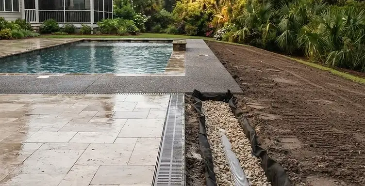 Freshly graded backyard drainage directing water away from a completed residential swimming pool and stone patio in the South Carolina Lowcountry