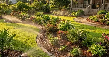 Southern Lowcountry yard with landscape beds and lawn irrigated together using drip irrigation and sprinkler heads in harmony